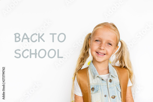 Back To School And Happy Time Cute Child With Blonde Hair On
