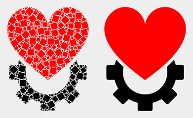 Dot and flat love gear icons. Vector mosaic of love gear constructed of random rectangle elements and circle points.