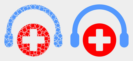 Dot and flat medical assistance headphones icons. Vector mosaic of medical assistance headphones organized of random square dots and circle dots.