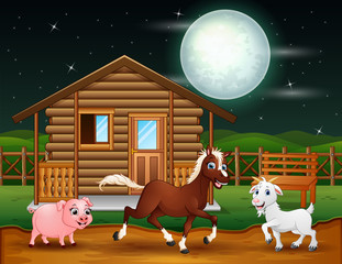 Farm animals playing in the night scene