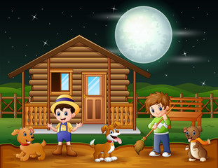 Cartoon farmer working on a farmyard