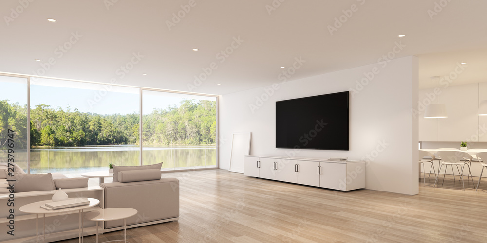 Wall mural view of luxury living room in minimal style with furniture on bright laminate floor on lake view bac