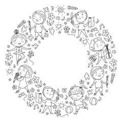 creative kids dancing, sing, playing football, playing guitar, violin, making models from paper. Monochrome on white background.