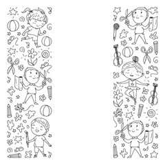 creative kids dancing, sing, playing football, playing guitar, violin, making models from paper. Monochrome on white background.