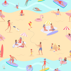 Summer beach concept seamless pattern. Different scenes of people on the beach. People relax on the beach, sunbathe, play sports and yoga, swiming in the sea, ride the surf. Editable vector illustrati