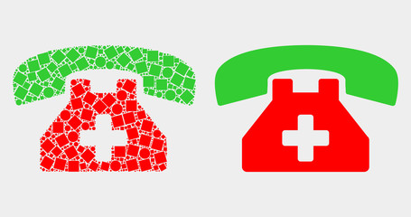 Pixel and flat medical phone icons. Vector mosaic of medical phone composed of scattered dots and circle elements.