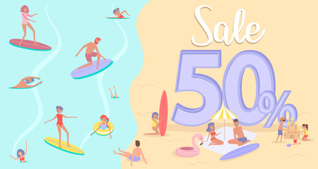 Fototapeta premium Summer beach concept discount poster. Different scenes of people on the beach. People relax on the beach, sunbathe, play sports and yoga, swiming in the sea, ride the surf. Editable vector illustratio