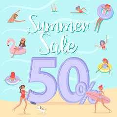 Summer beach concept discount poster. Different scenes of people on the beach. People relax on the beach, sunbathe, play sports and yoga, swiming in the sea, ride the surf. Editable vector illustratio