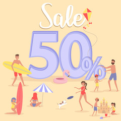 Summer beach concept discount poster, offer, sale illustration. Different scenes of people on the beach. People relax on the beach, swiming in the sea, ride the surf. Editable vector illustration.