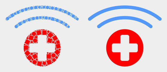 Obraz premium Dot and flat medical source icons. Vector mosaic of medical source combined of scattered square dots and spheric dots.
