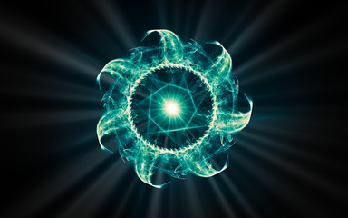 abstract background image of a cosmic flower-shaped symbol with a round middle and a bright blue star in the center with rays around on a black background
