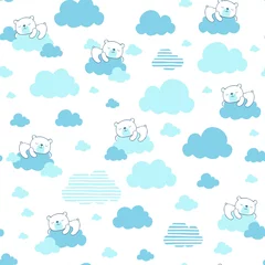 Wall murals Sleeping animals seamless pattern illustration of cute baby bear dreaming on blue clouds, design for baby and children