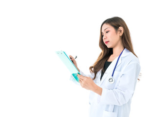 Asian woman professional doctor with stethoscope writing and check patient diagnostic on white isolated background