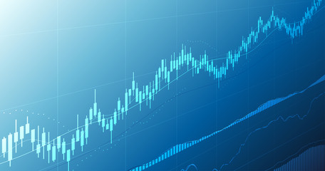 Widescreen Abstract financial graph with uptrend line and candlestick chart of stock market in blue color background