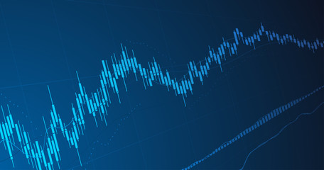 Widescreen Abstract financial graph with uptrend line and candlestick chart of stock market in blue color background