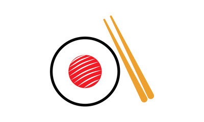 chopsticks and sushi roll. concept of snack, susi, exotic nutrition, sushi restaurant, sea food. isolated on white background. flat style trend modern logotype design vector illustration