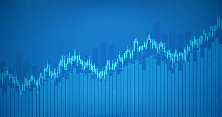 Widescreen Abstract financial graph with uptrend line and candlestick chart of stock market in blue color background