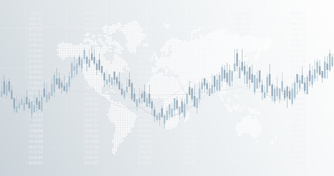 Widescreen Abstract Financial Chart With Candlestick Graph And World Map On Black And White Color Background