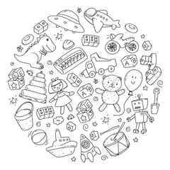 Vector pattern with kindergarten, toy children. Happy children illustration. Monochrome drawing on notebooks in a ruler.