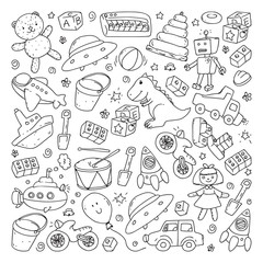 Vector pattern with kindergarten, toy children. Happy children illustration. Monochrome drawing on notebooks in a ruler.