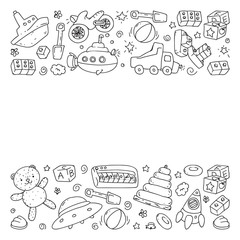 Vector pattern with kindergarten, toy children. Happy children illustration. Monochrome drawing on notebooks in a ruler.