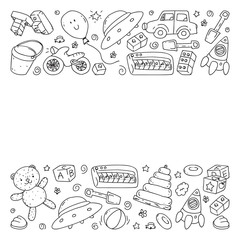 Vector pattern with kindergarten, toy children. Happy children illustration. Monochrome drawing on notebooks in a ruler.