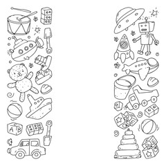 Vector pattern with kindergarten, toy children. Happy children illustration. Monochrome drawing on notebooks in a ruler.
