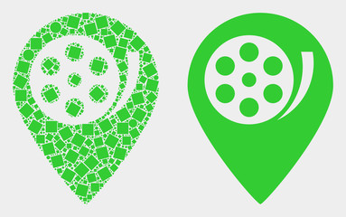 Pixel and flat movie map marker icons. Vector mosaic of movie map marker composed of irregular dots and spheric pixels.