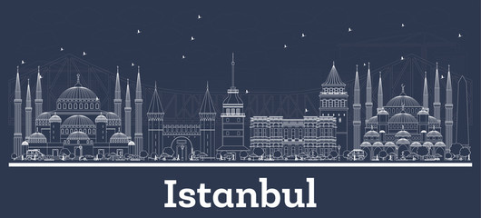 Outline Istanbul Turkey City Skyline with White Buildings.