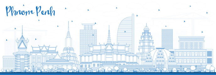 Outline Phnom Penh Cambodia City Skyline with Blue Buildings. - obrazy, fototapety, plakaty
