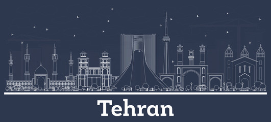 Outline Tehran Iran City Skyline with White Buildings.