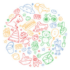 Vector pattern with kindergarten, toy children. Happy children illustration. Drawing on a white background.