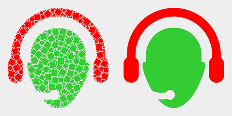 Pixel and flat operator head icons. Vector mosaic of operator head formed of randomized square dots and spheric dots.