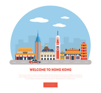 Welcome to Hong Kong Banner or Landing Page Template, Chinese City Landmarks Vector Illustration