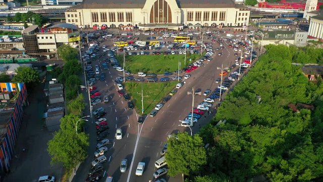 Traffic in front of Kyiv train railway station from above