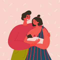 Happy family couple. A breast feeding woman, baby and a man on the pink background. Modern mother breastfeeding her baby child. Wife and husband are holding their babe. Vector flat illustration