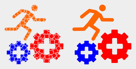 Dotted and flat patient run over gears icons. Vector mosaic of patient run over gears composed of randomized dots and spheric dots.