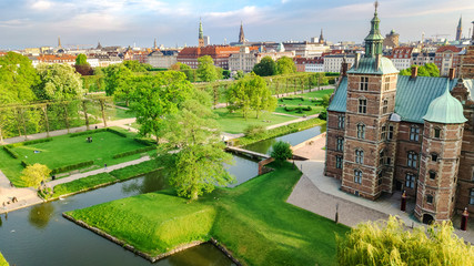 Aerial drone view of Rosenborg Slot Castle and beautiful garden from above, Kongens Have park in...
