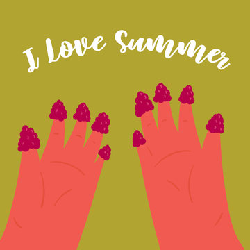 I love summer. Girls hand with raspberry on each finger. Ready for leisure, fruits and tasty berries. Vector flat illustration