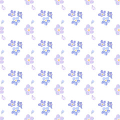 Vintage seamless pattern with field small blue flowers on white background.