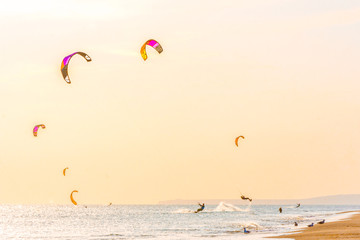 extreme group of kiters ride waves with jumps in air on black sea with sail wing in hands led by wind on sunny day with onlookers photographers seagull on shore. village of the annunciation. toned.