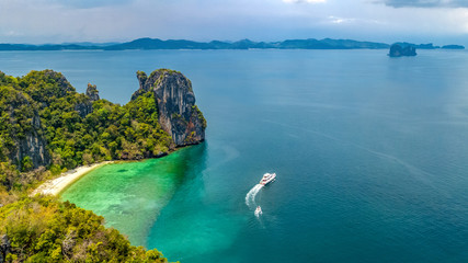 Aerial drone view of tropical Koh Hong island in blue clear Andaman sea water from above, beautiful archipelago islands and beaches of Krabi, Thailand - obrazy, fototapety, plakaty