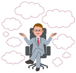 The young man who sits down on a chair and speech bubble