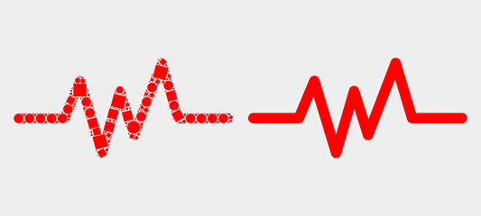 Dotted and flat pulse signal icons. Vector mosaic of pulse signal constructed of randomized rectangle elements and round points.