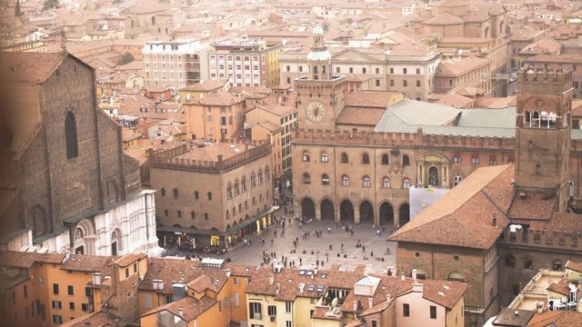 View of main square piazza Maggiore in Bologna, Italy city from top of the Asinelli tower