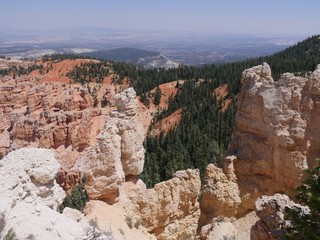 Fototapeta premium Imposing rock formations with pine and spruce trees growing in the cliffsides at Bryce Canyon National Park, Utah.