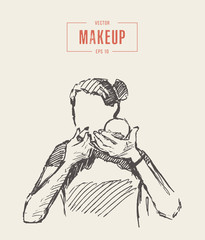 Young woman looks mirror makeup vector sketch draw