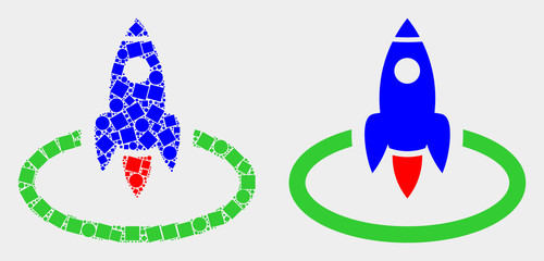 Fototapeta premium Dotted and flat rocket start icons. Vector mosaic of rocket start organized of scattered dots and spheric elements.