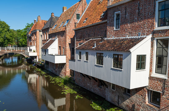 The famous 'hanging kitchens' over the Damsterdiep in the old town of Appingedam, Groningen, Holland.