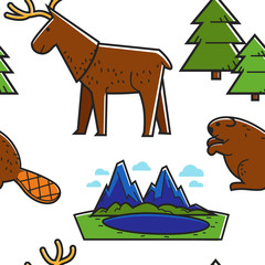Canadian nature seamless pattern animals and landscape traveling